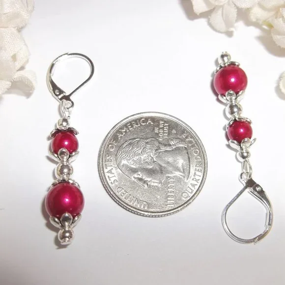 Pearl Earrings Red and Silver Beaded Dangle Drop Jewelry Set Pair NWT Gift 7350 - Picture 3 of 8